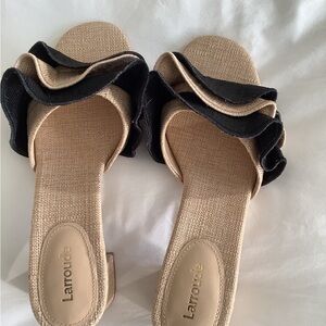 Larroude Black and Tan Ruffled Sandals